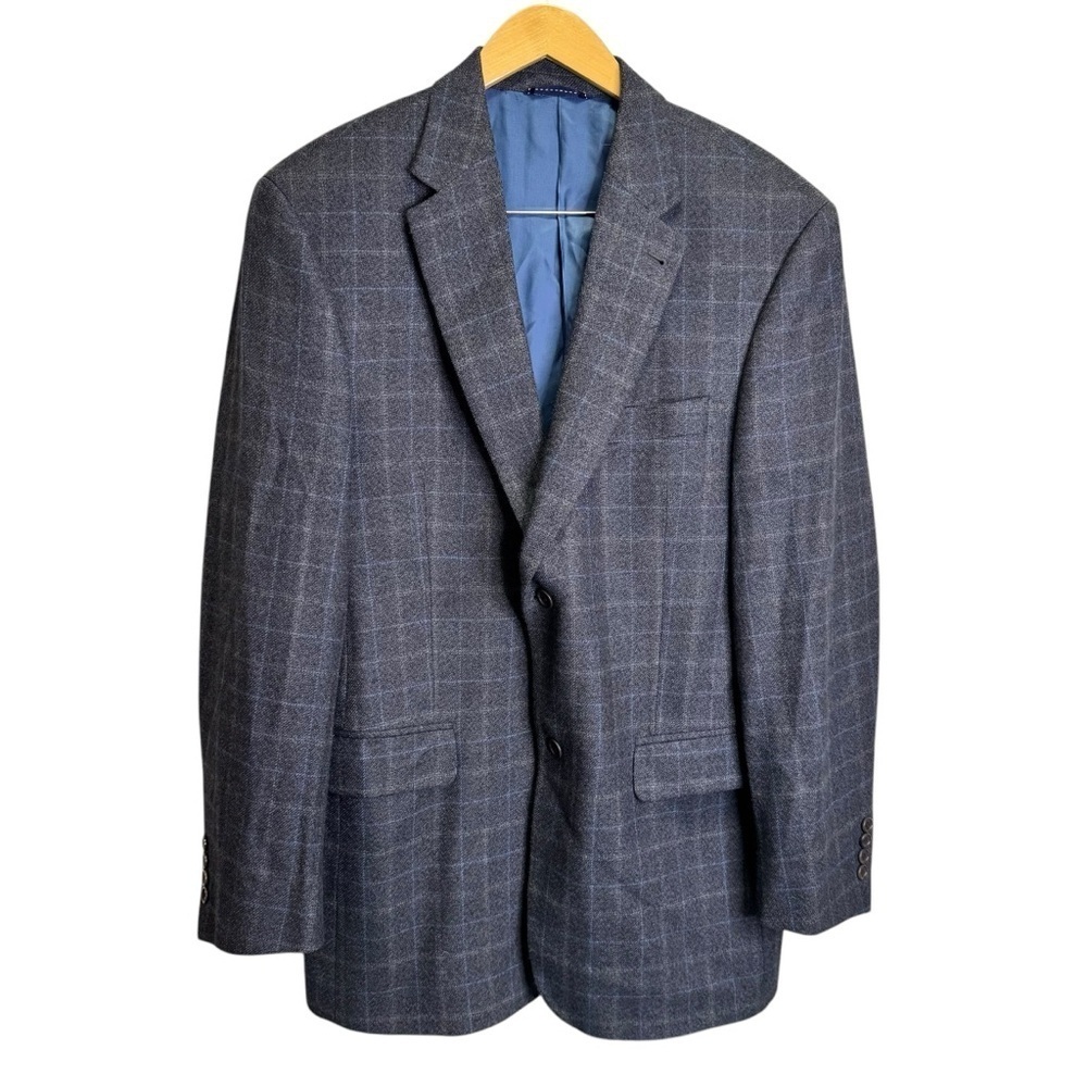 Tommy Hilfiger Vintage Grey Plaid Windowpane Wool Blazer Size 42T